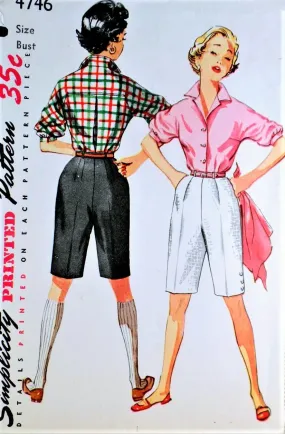 50s CLASSIC High Waist Bermuda Walking Shorts,Doris Day Style Blouse Pattern SIMPLICITY 4746 Figure Flattering Casual Beach Reso