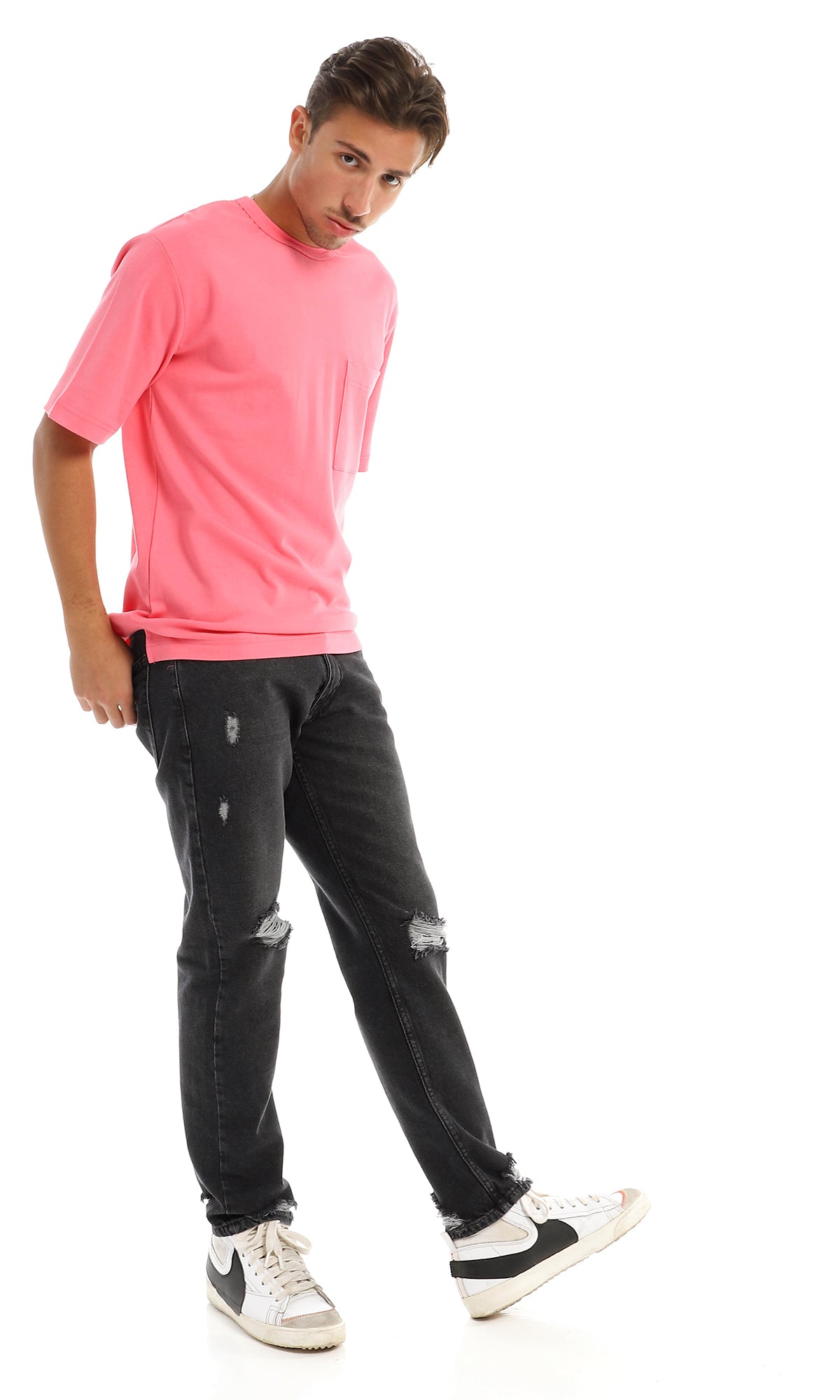 97705 Solid Basic Round Patched Pocket Light Pink T-Shirt