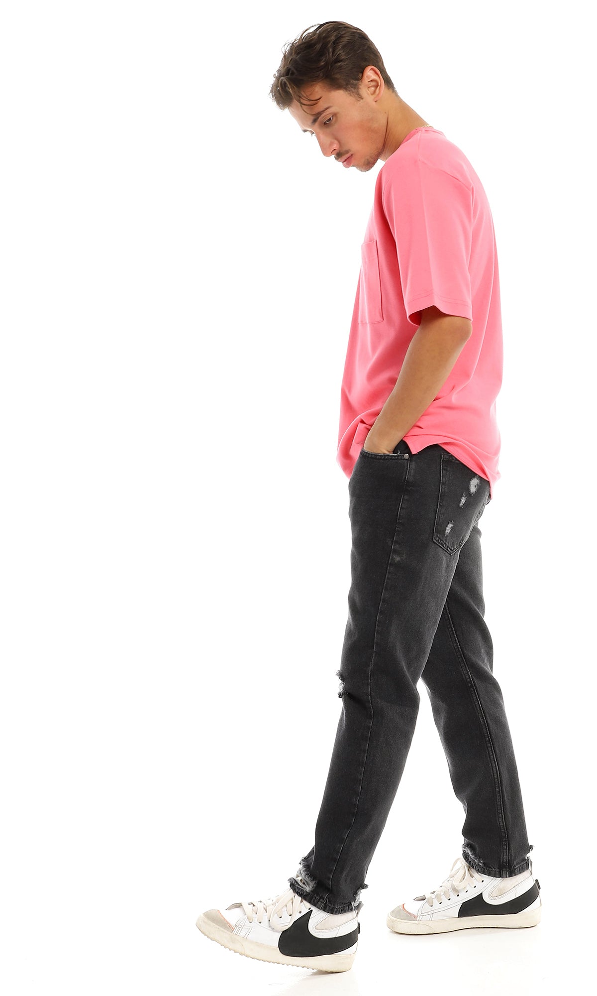 97705 Solid Basic Round Patched Pocket Light Pink T-Shirt