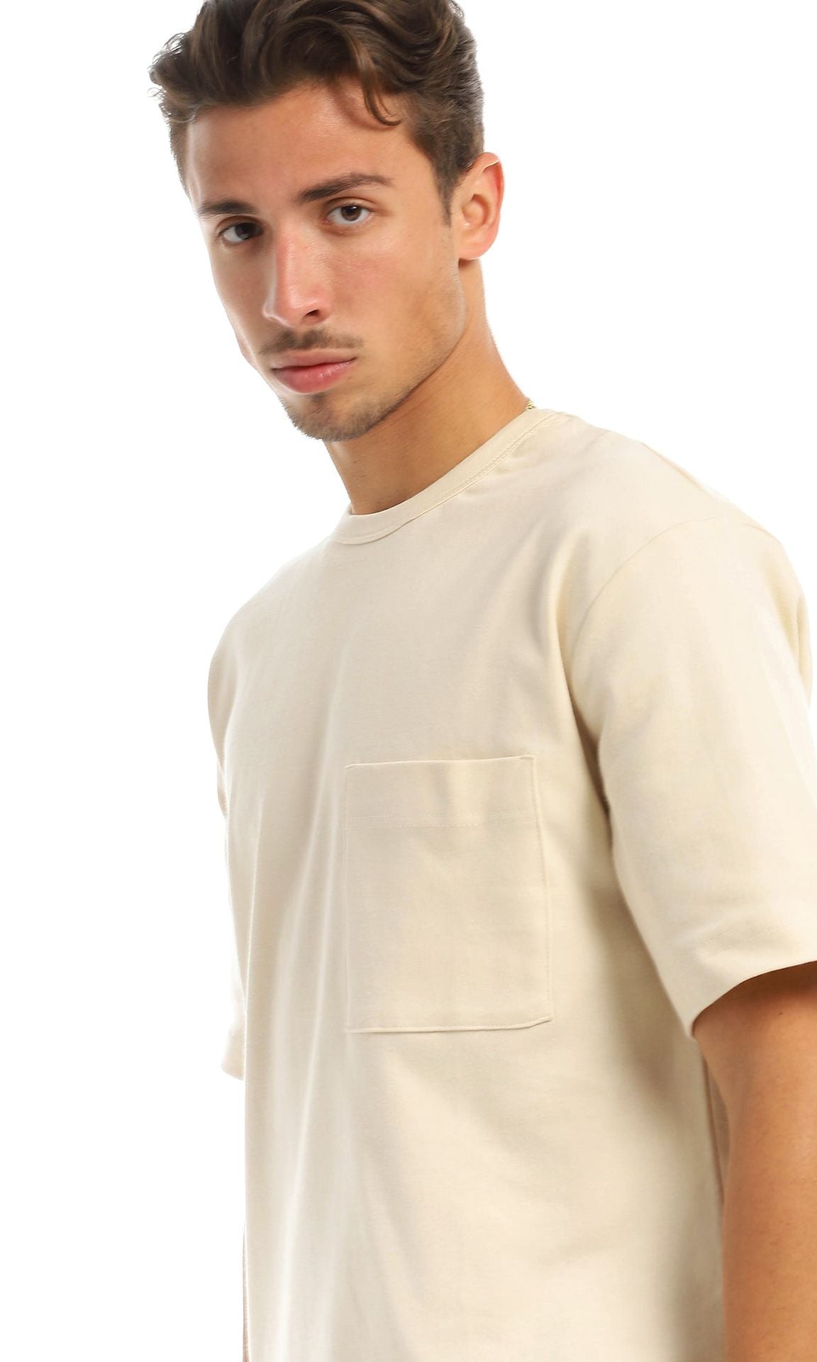 97709 Short Sleeves Basic Patched Pocket Light Beige T-Shirt