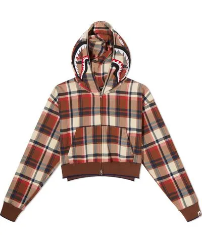 A Bathing Ape Women's Check Cropped Shark Full Zip Hoodie