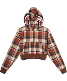 A Bathing Ape Women's Check Cropped Shark Full Zip Hoodie