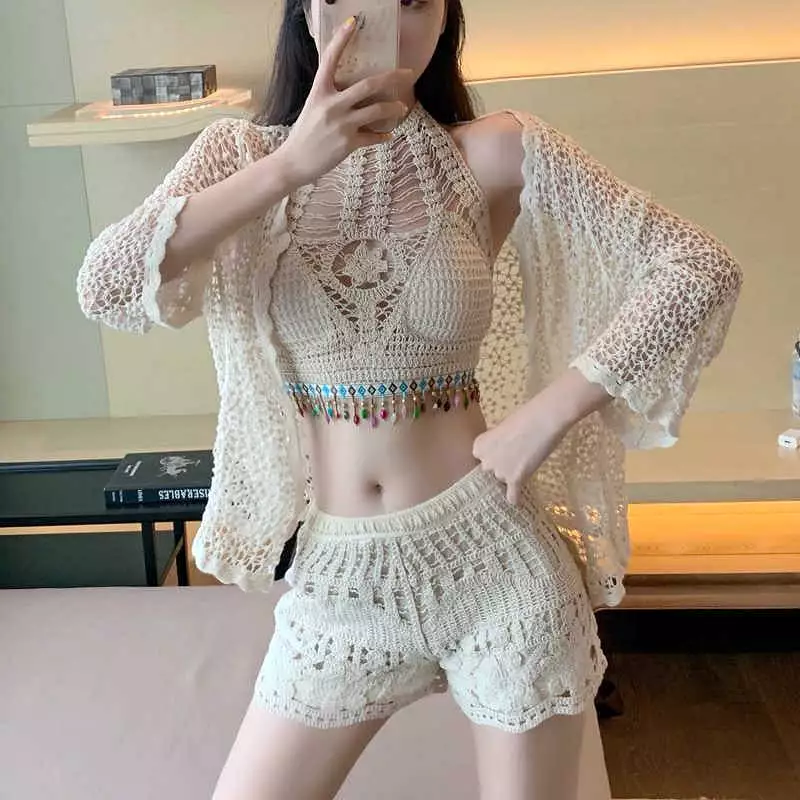 Austin Crochet Blouse With Shorts And Cape Set