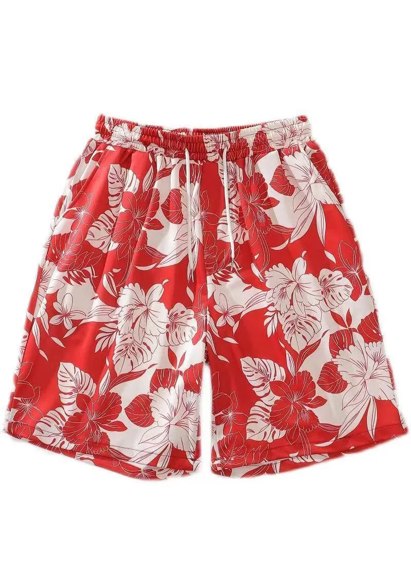 Beach Red Print Lace Up Cotton Mens Shorts Summer