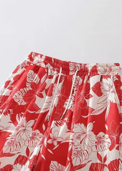 Beach Red Print Lace Up Cotton Mens Shorts Summer