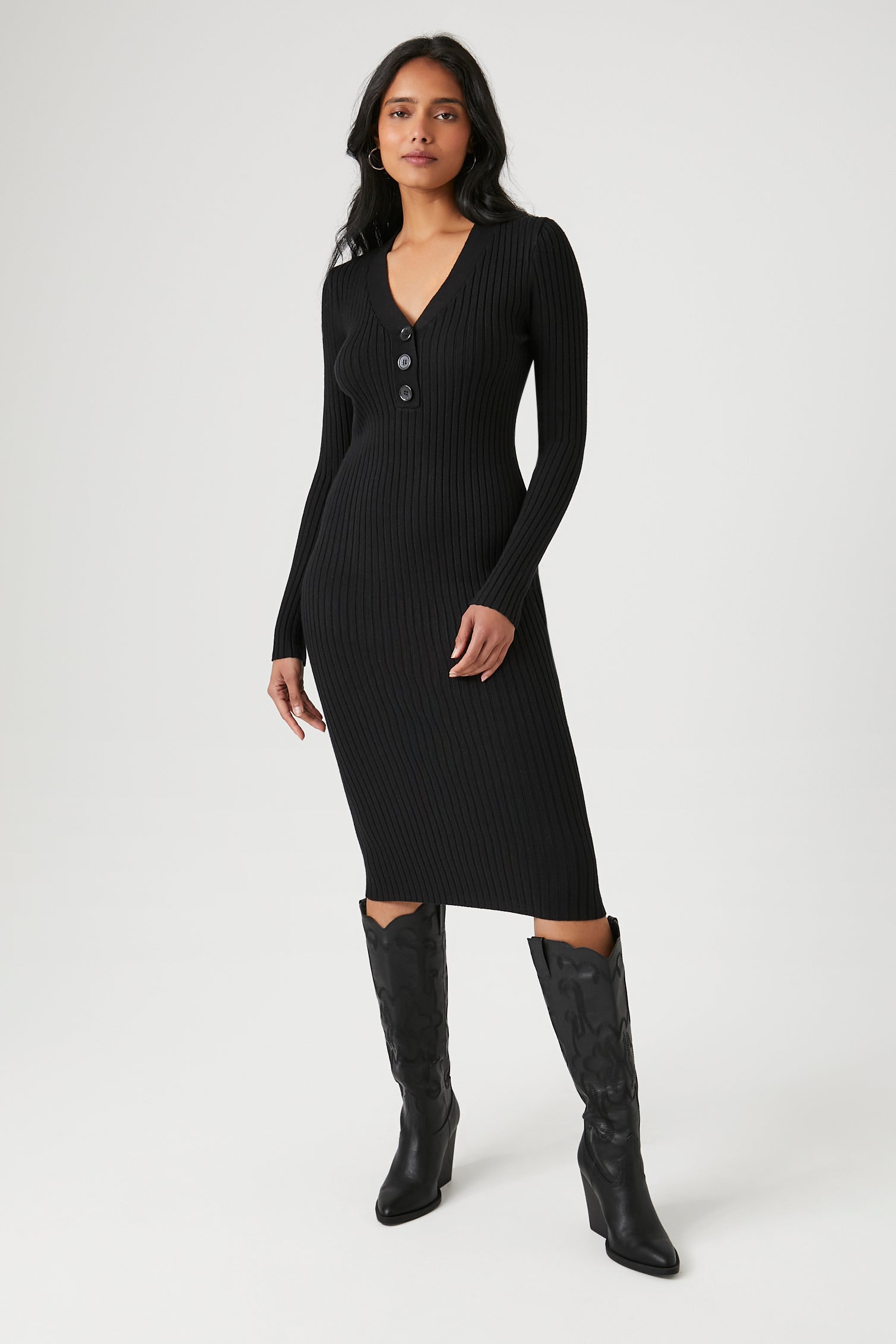 Button-Front Midi Sweater Dress