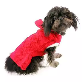 Cable Hoodie Dog Sweater Dress - Red