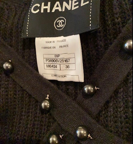 Chanel 09P 2009 Spring black CC logo knit silk cardigan with grey pearls FR 36 US 4