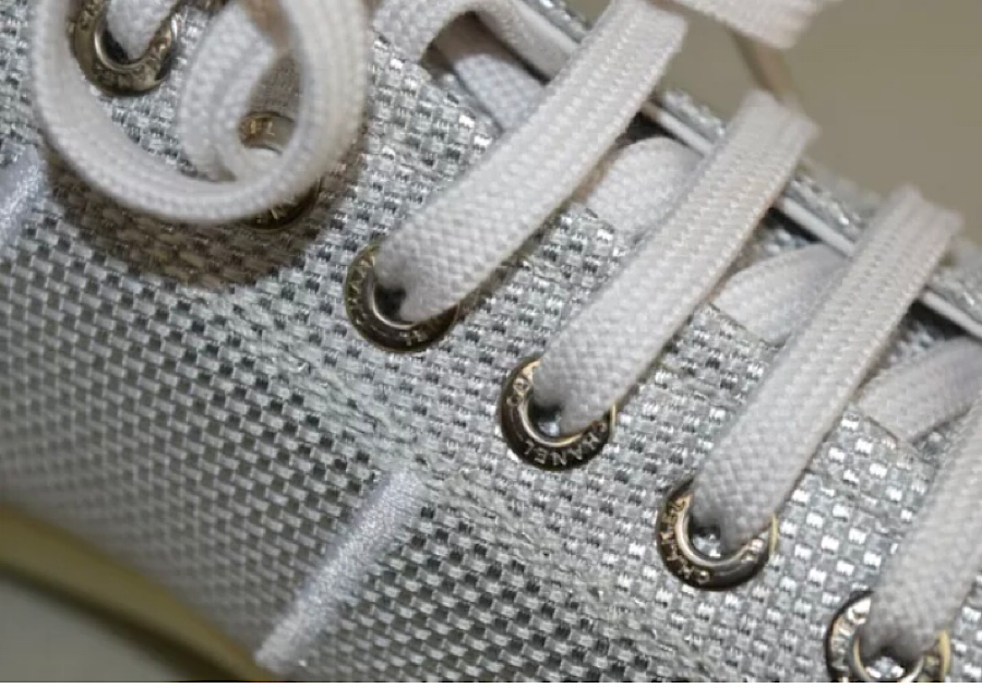 Chanel 10C, 2010 Cruise Resort Silver Metallic Canvas Woven CC Logo Tennis Shoes EU 41 US 10/11