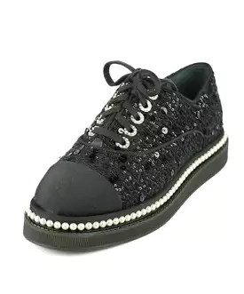 Chanel 17P 2017 Spring Black sequined Lace Up Tennis type  Shoes with contemporary thick soles and  pearl trim. EU 39.5 US 9/9.5