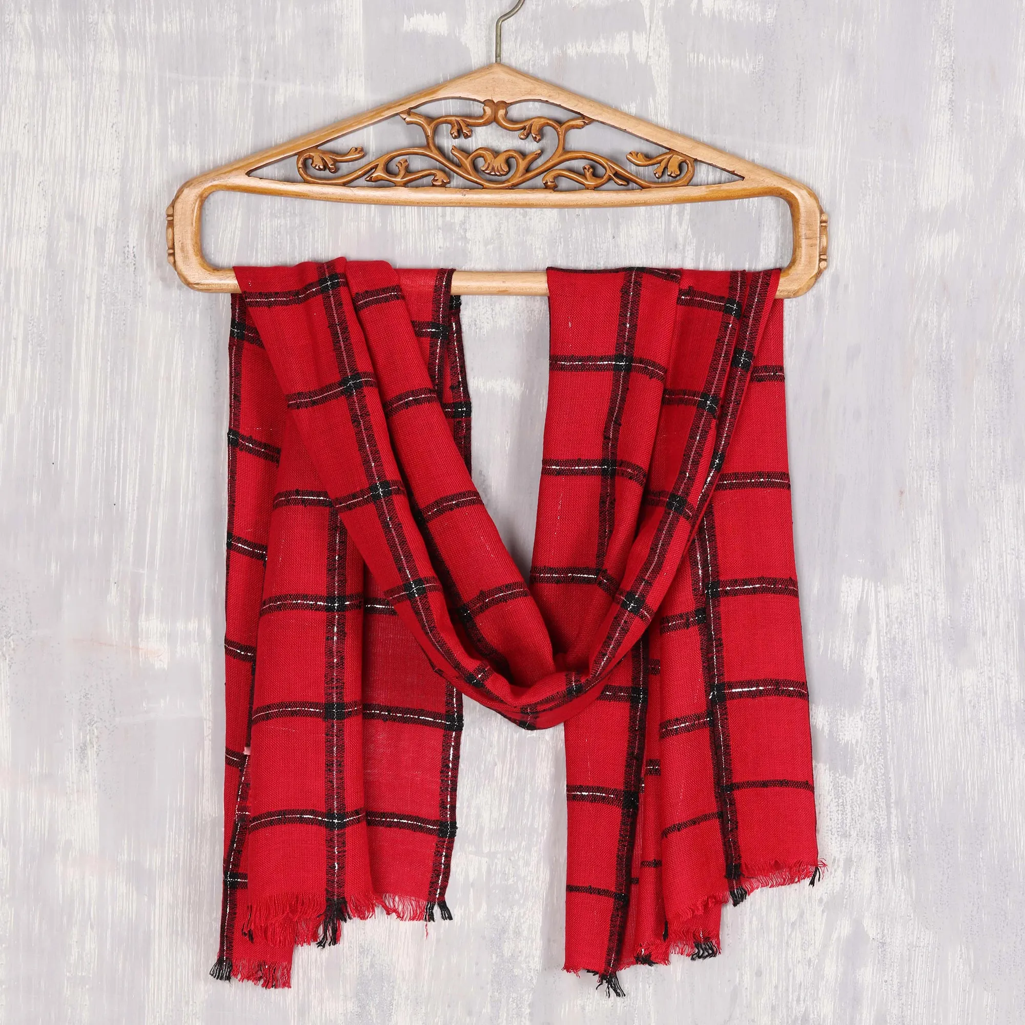 Crimson Checks Checked Viscose Blend Wrap Scarf in Crimson from India