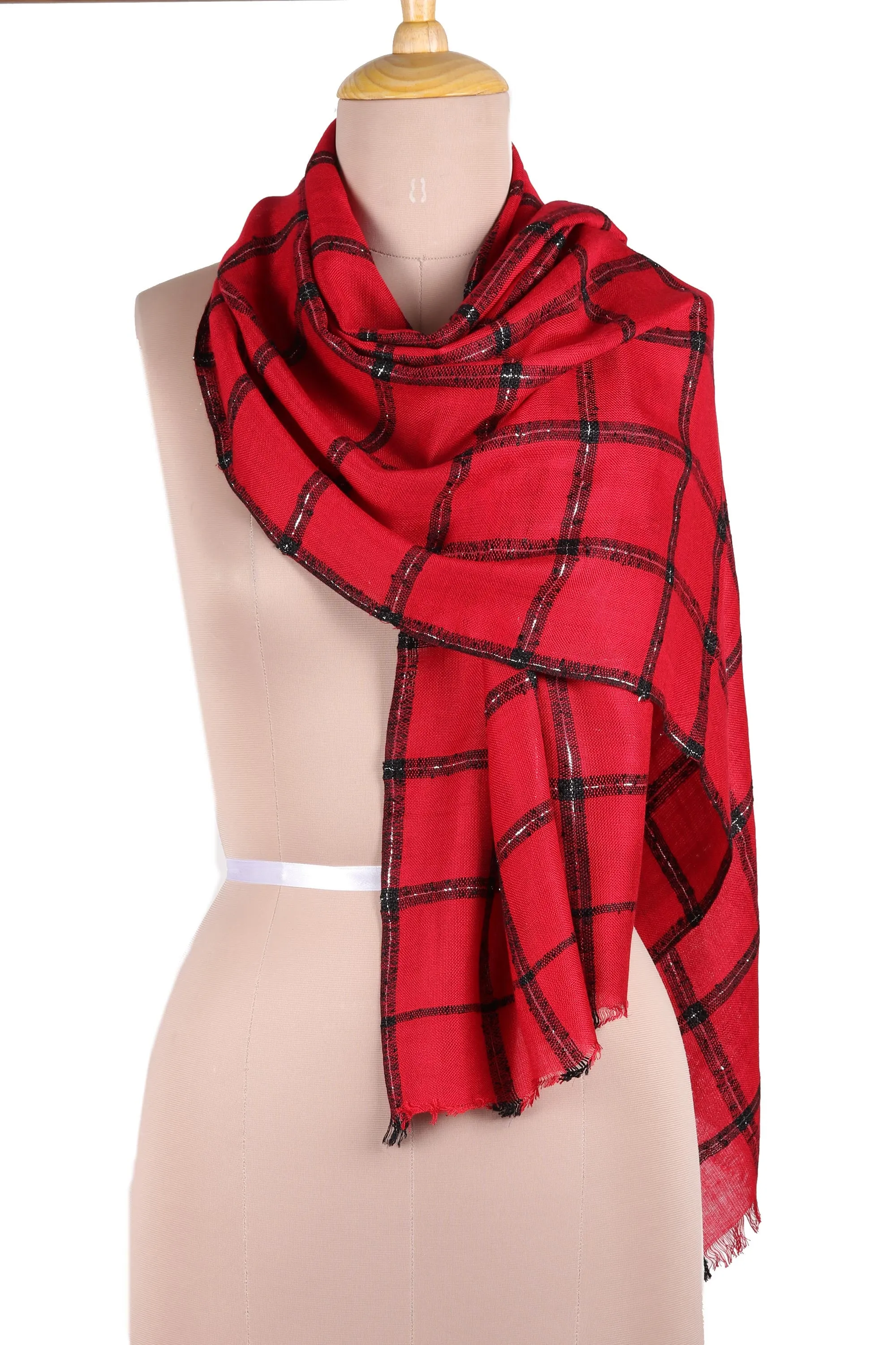 Crimson Checks Checked Viscose Blend Wrap Scarf in Crimson from India