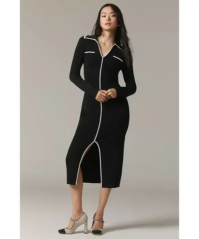 Endless Rose Long-Sleeve Collared Slim Sweater Midi Dress