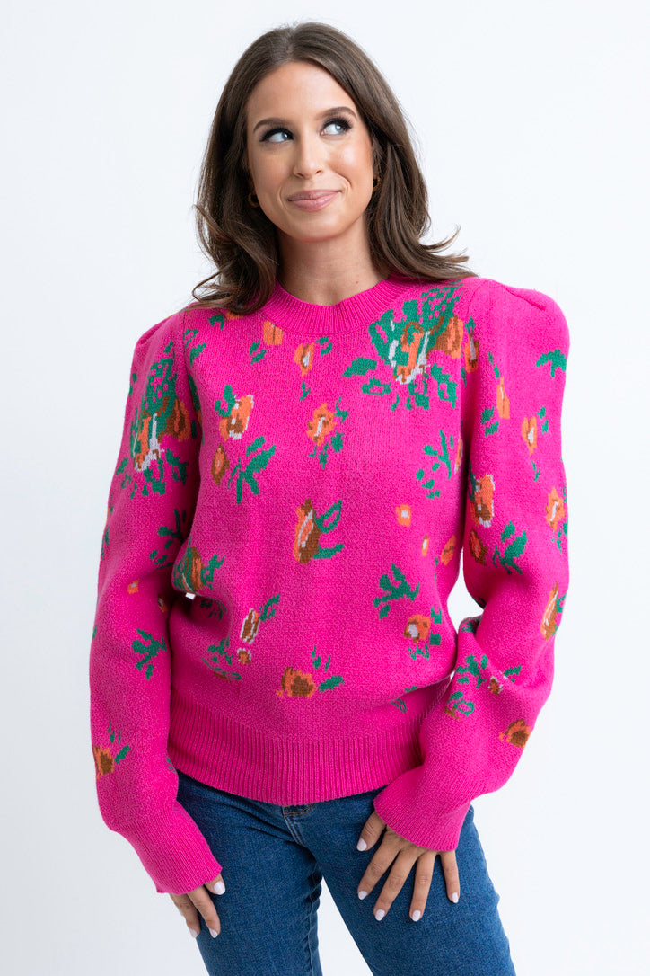 Floral Puff Sleeve Crew Sweater