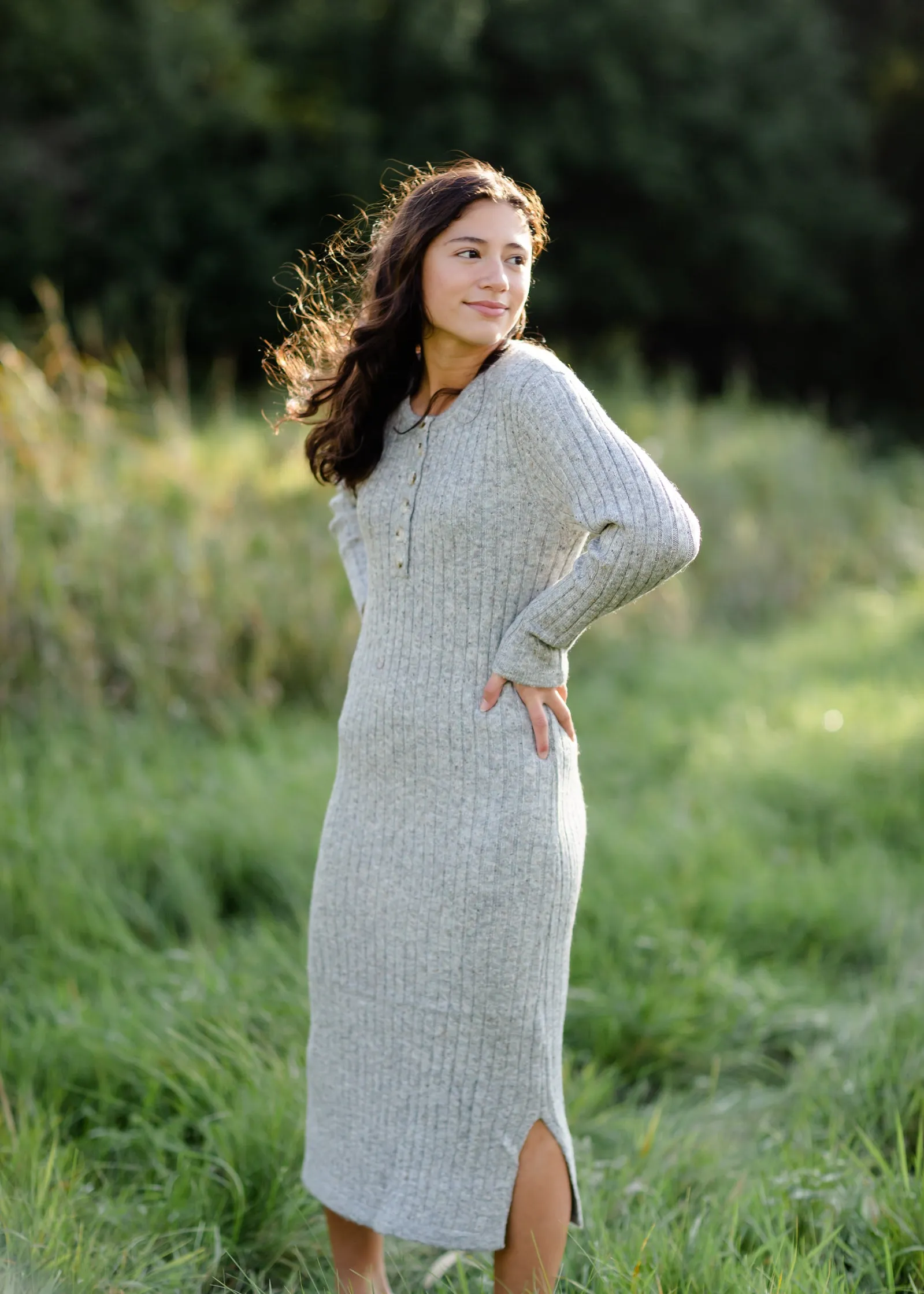 Henley Ribbed Sweater Midi Dress