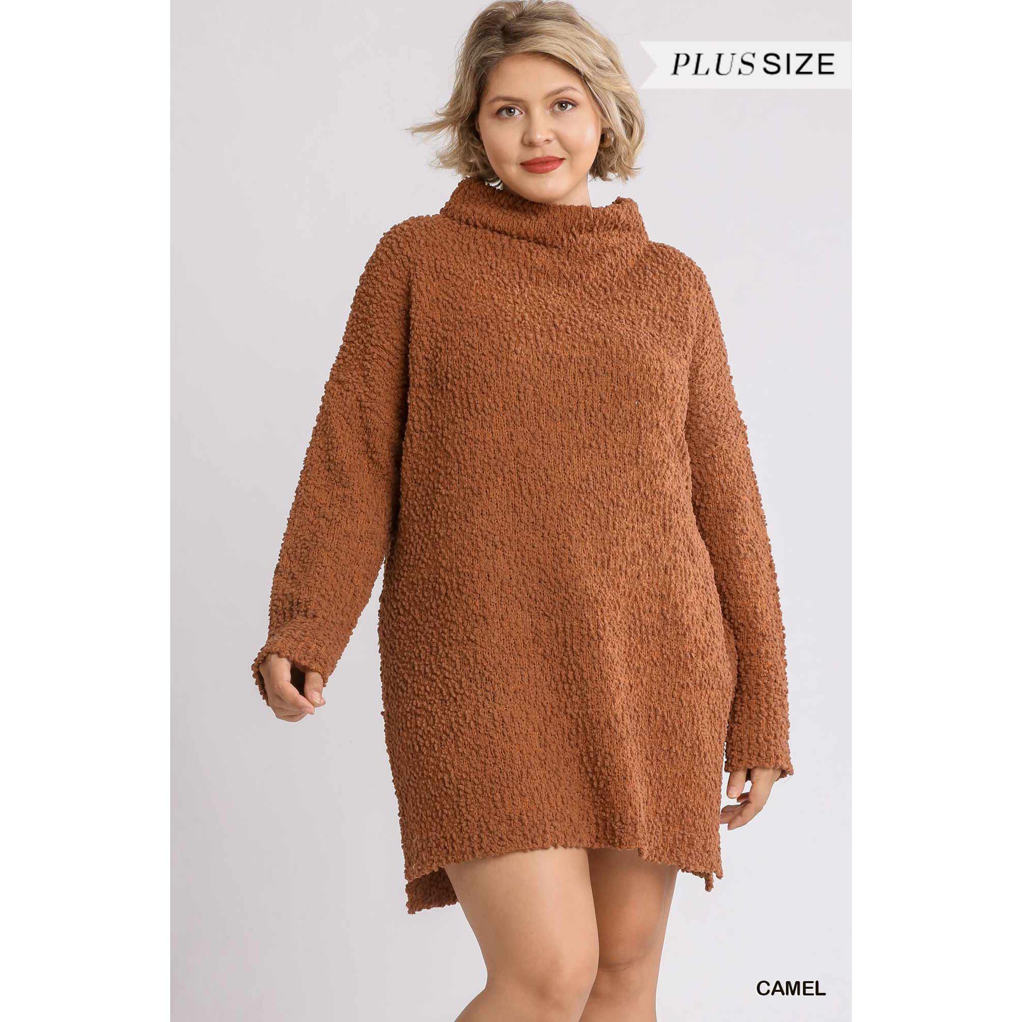 High Cowl Neck Bouclé Long Sleeve Sweater Dress