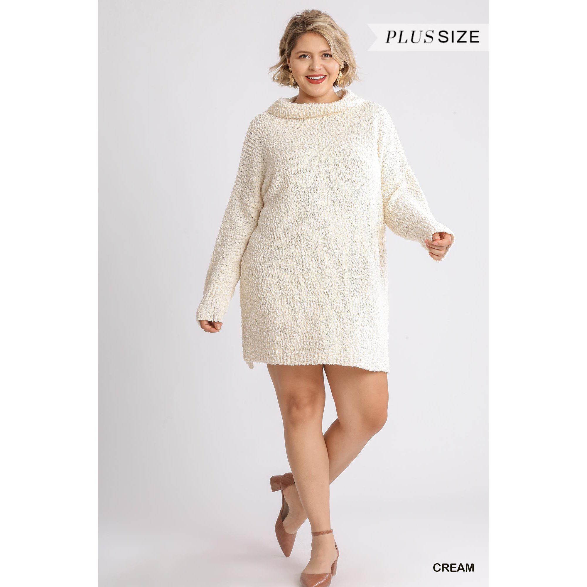 High Cowl Neck Bouclé Long Sleeve Sweater Dress