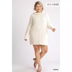 High Cowl Neck Bouclé Long Sleeve Sweater Dress