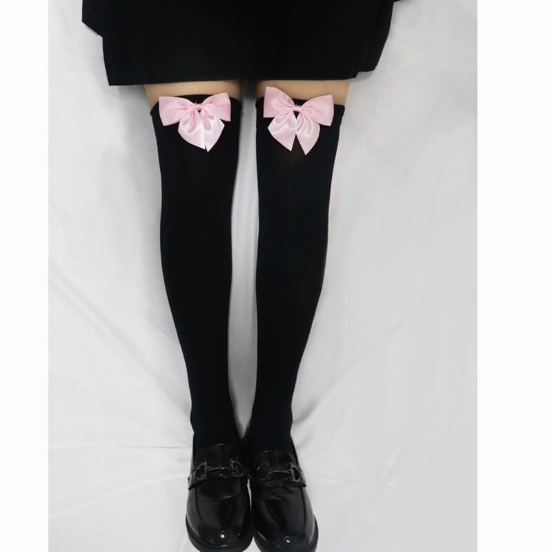 Lolita cos Soft Girl Cute Bow Knee Socks Velvet Thigh High Tube Socks with Leg loop clamp BY11135