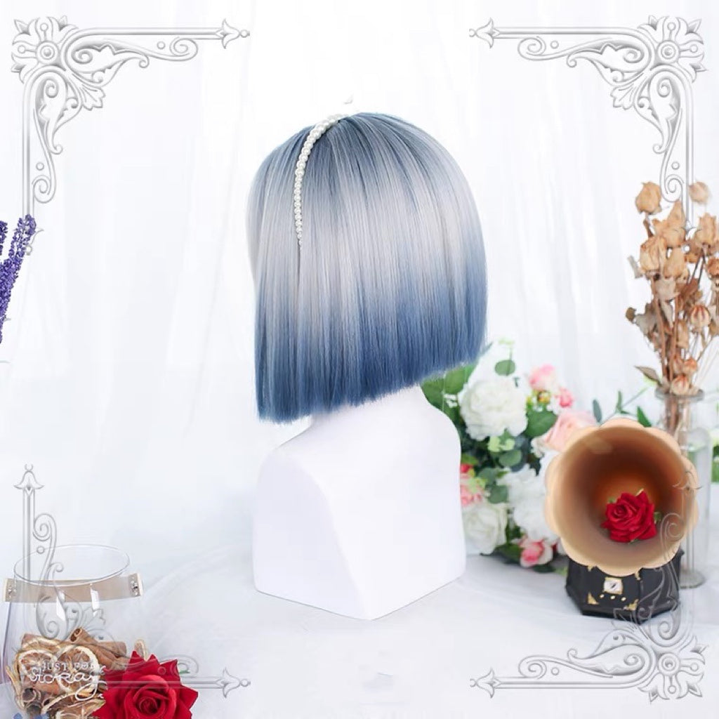 Lolita daily blue gray gradient short straight wig BY7077