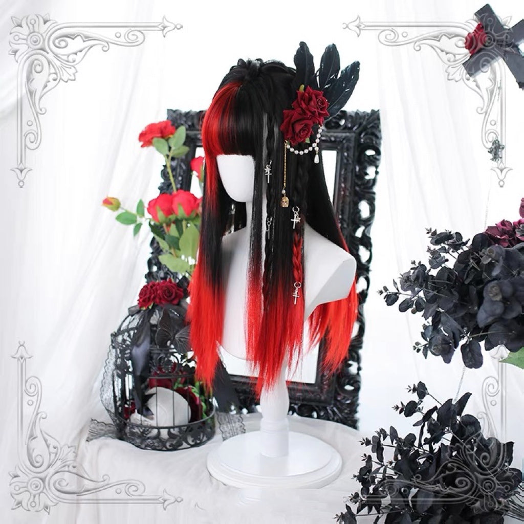 Lolita dark Y2K black red long straight wig BY7070