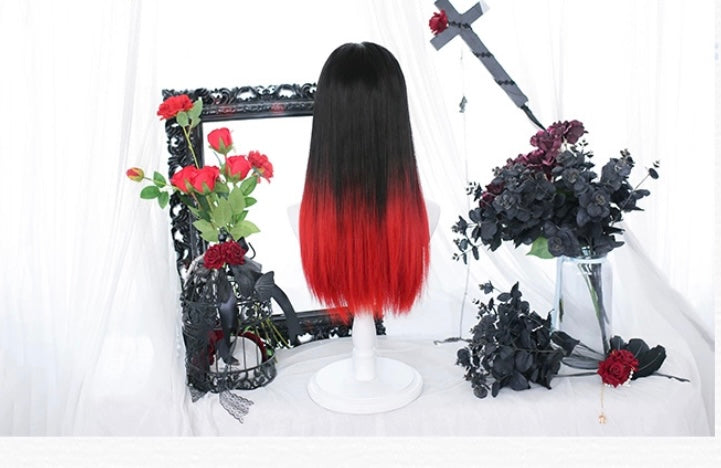 Lolita dark Y2K black red long straight wig BY7070