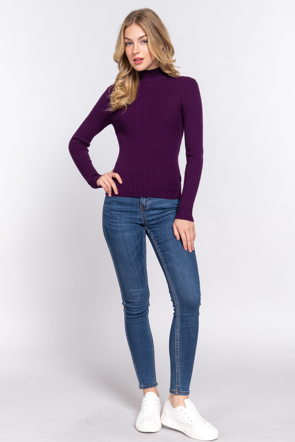 Long Sleeve Puple Mock Neck Rib Sweater