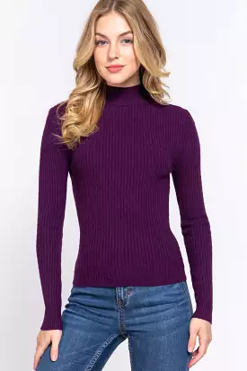 Long Sleeve Puple Mock Neck Rib Sweater