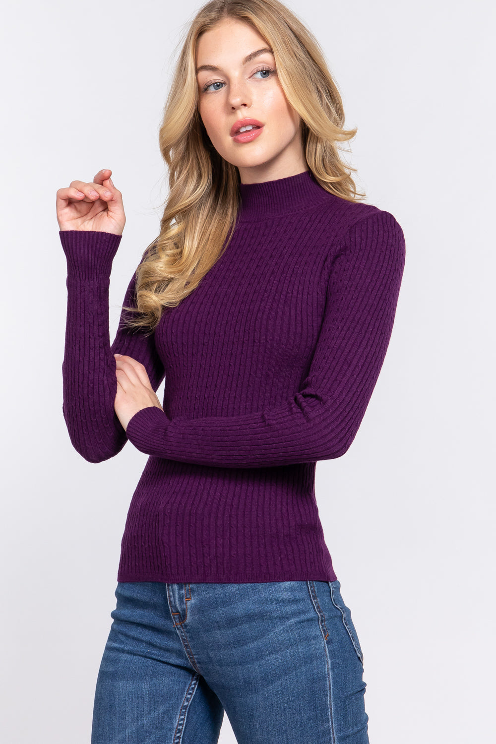 Long Sleeve Puple Mock Neck Rib Sweater