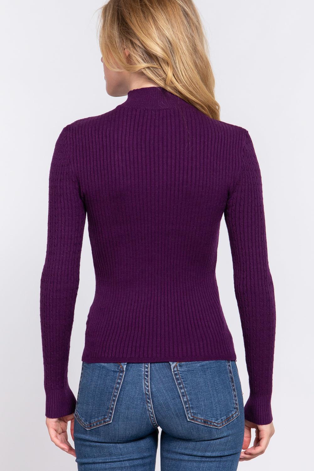 Long Sleeve Puple Mock Neck Rib Sweater