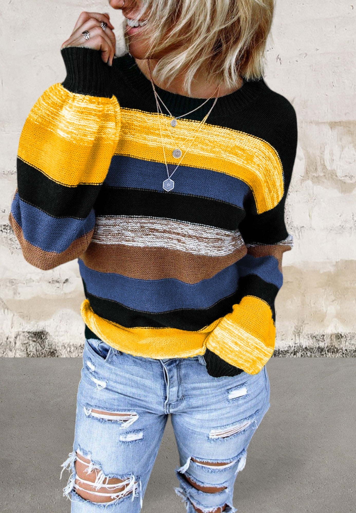 Multicolor Balloon Sleeve Sweater