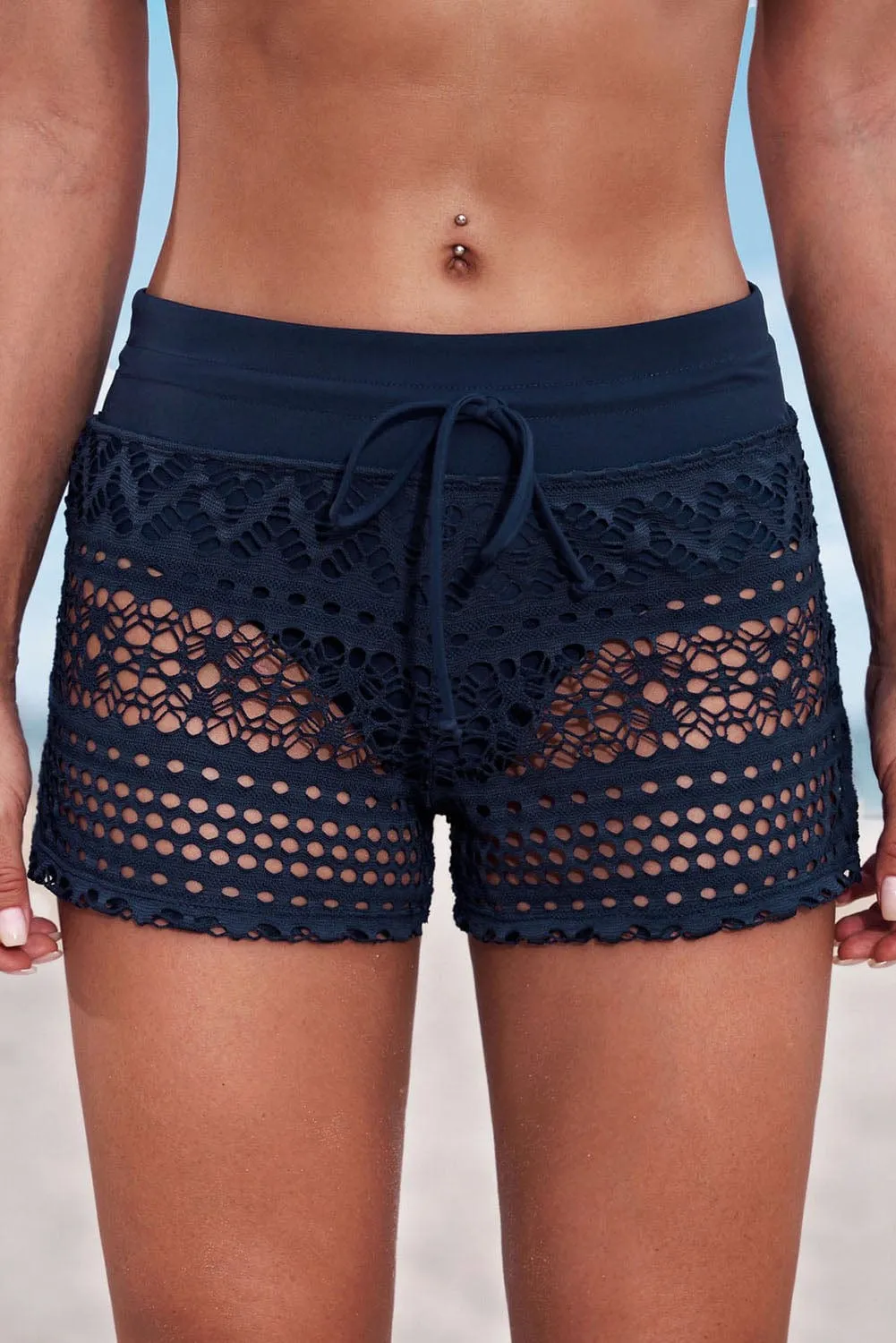 Navy Blue Crochet Lace Drawstring Waist Beach Swimsuit Cover-Up Shorts