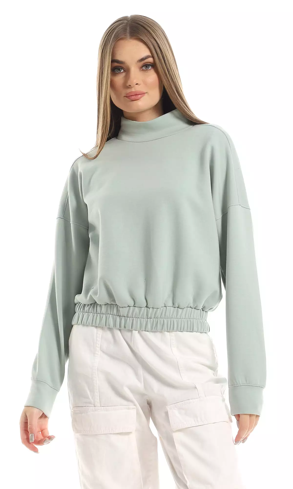 O153037 Ring Neck Cropped Sweatshirt With Elasticated Waist - Mint Green