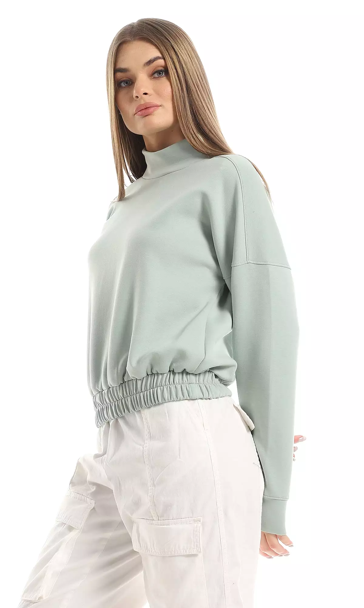 O153037 Ring Neck Cropped Sweatshirt With Elasticated Waist - Mint Green