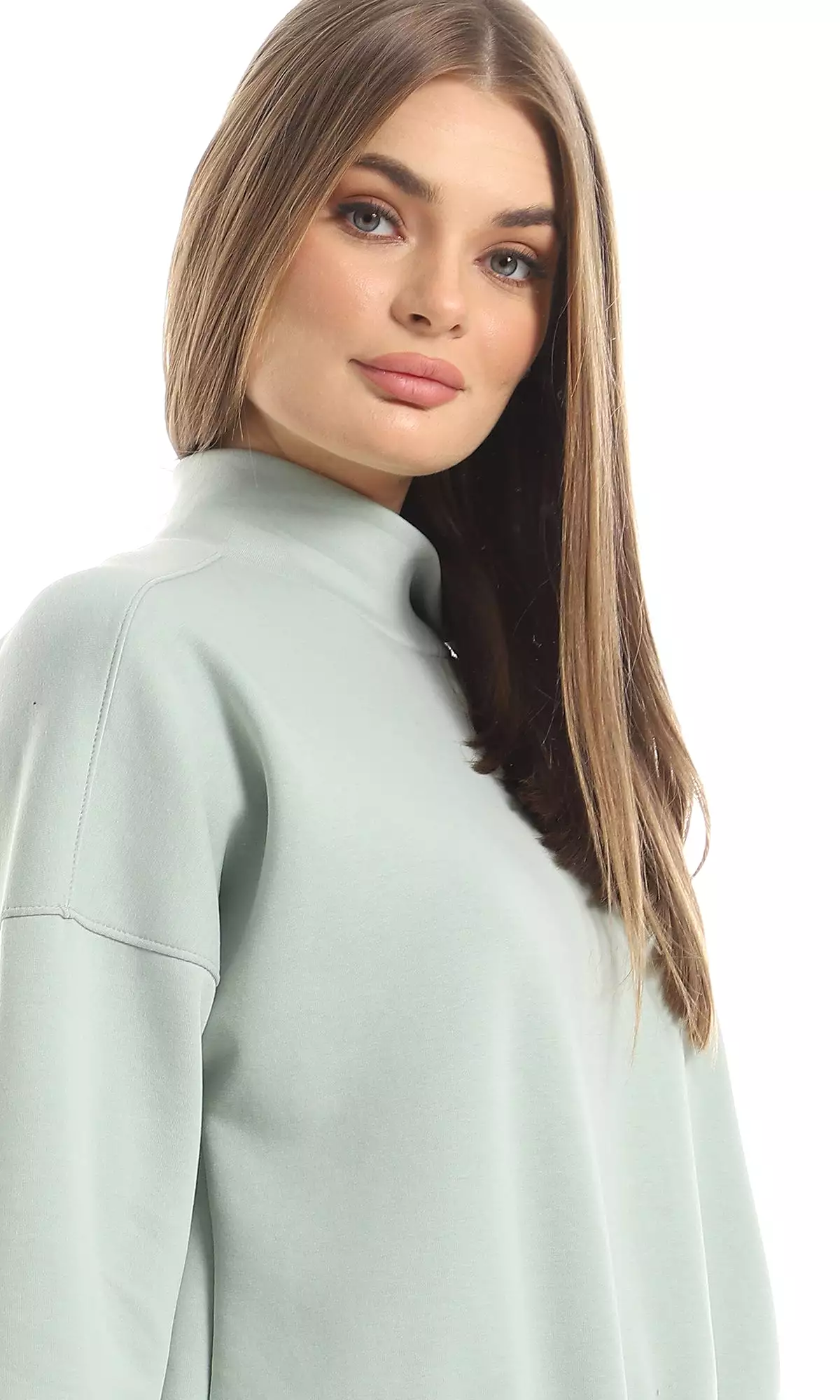 O153037 Ring Neck Cropped Sweatshirt With Elasticated Waist - Mint Green