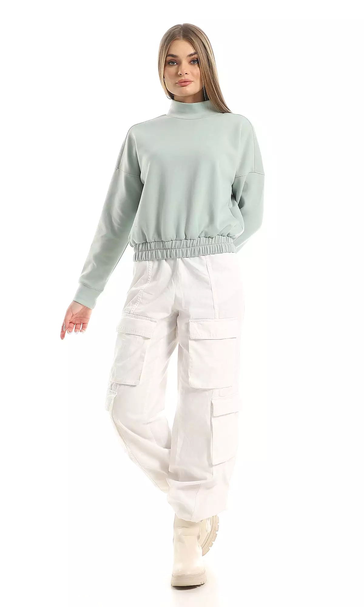 O153037 Ring Neck Cropped Sweatshirt With Elasticated Waist - Mint Green