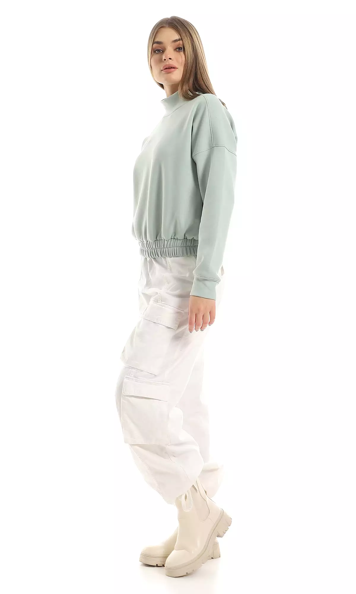 O153037 Ring Neck Cropped Sweatshirt With Elasticated Waist - Mint Green