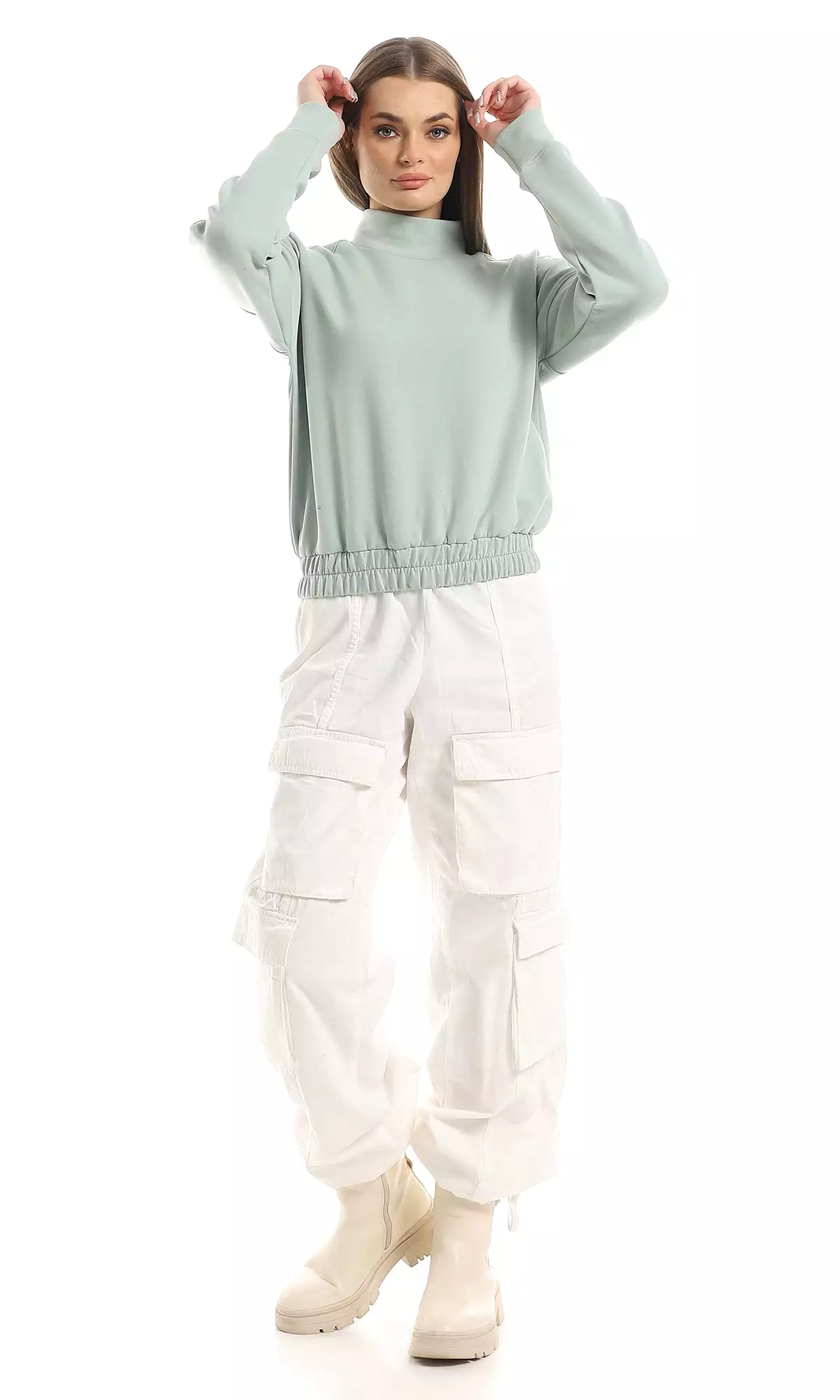 O153037 Ring Neck Cropped Sweatshirt With Elasticated Waist - Mint Green