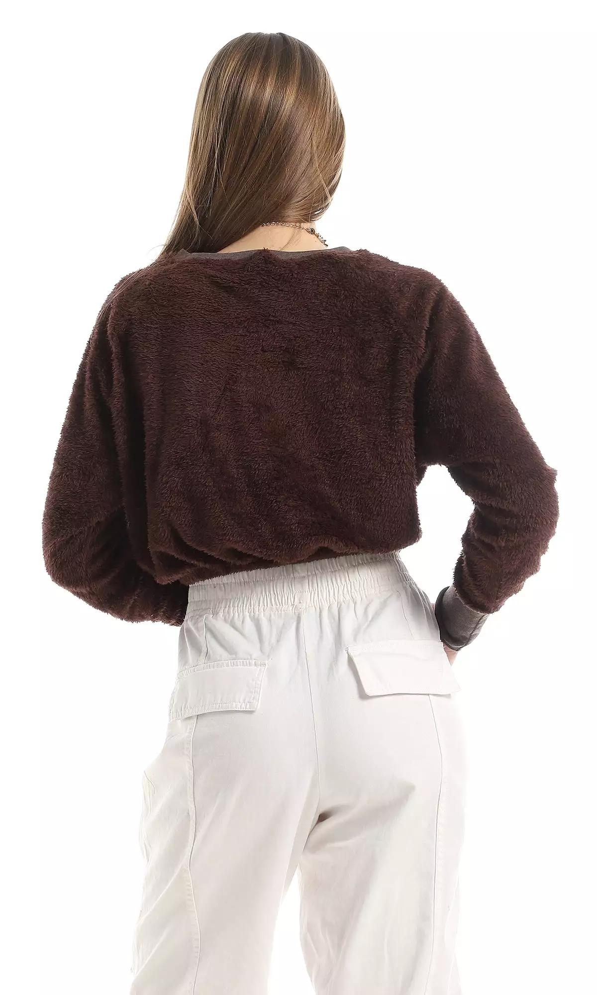 O161379 Round Neck Long Sleeved Fur Cropped Sweatshirt - Brown