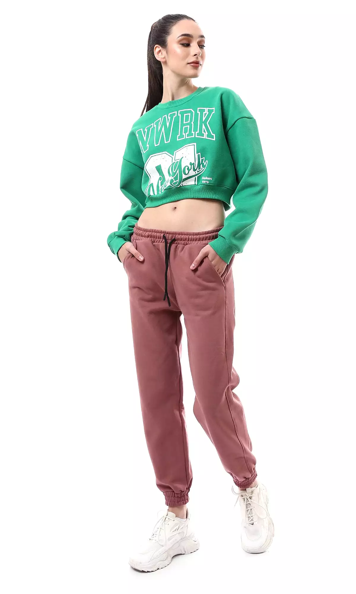 O176245 Green Coziness Cropped Sweatshirt With Elastic Hem