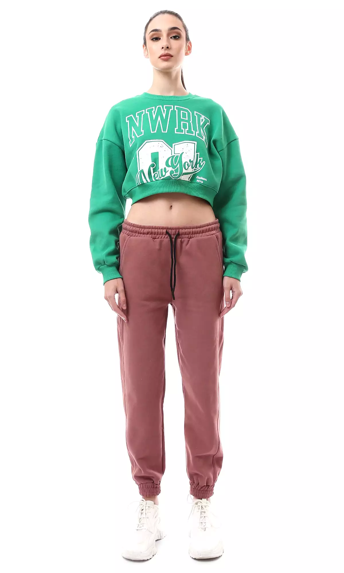 O176245 Green Coziness Cropped Sweatshirt With Elastic Hem