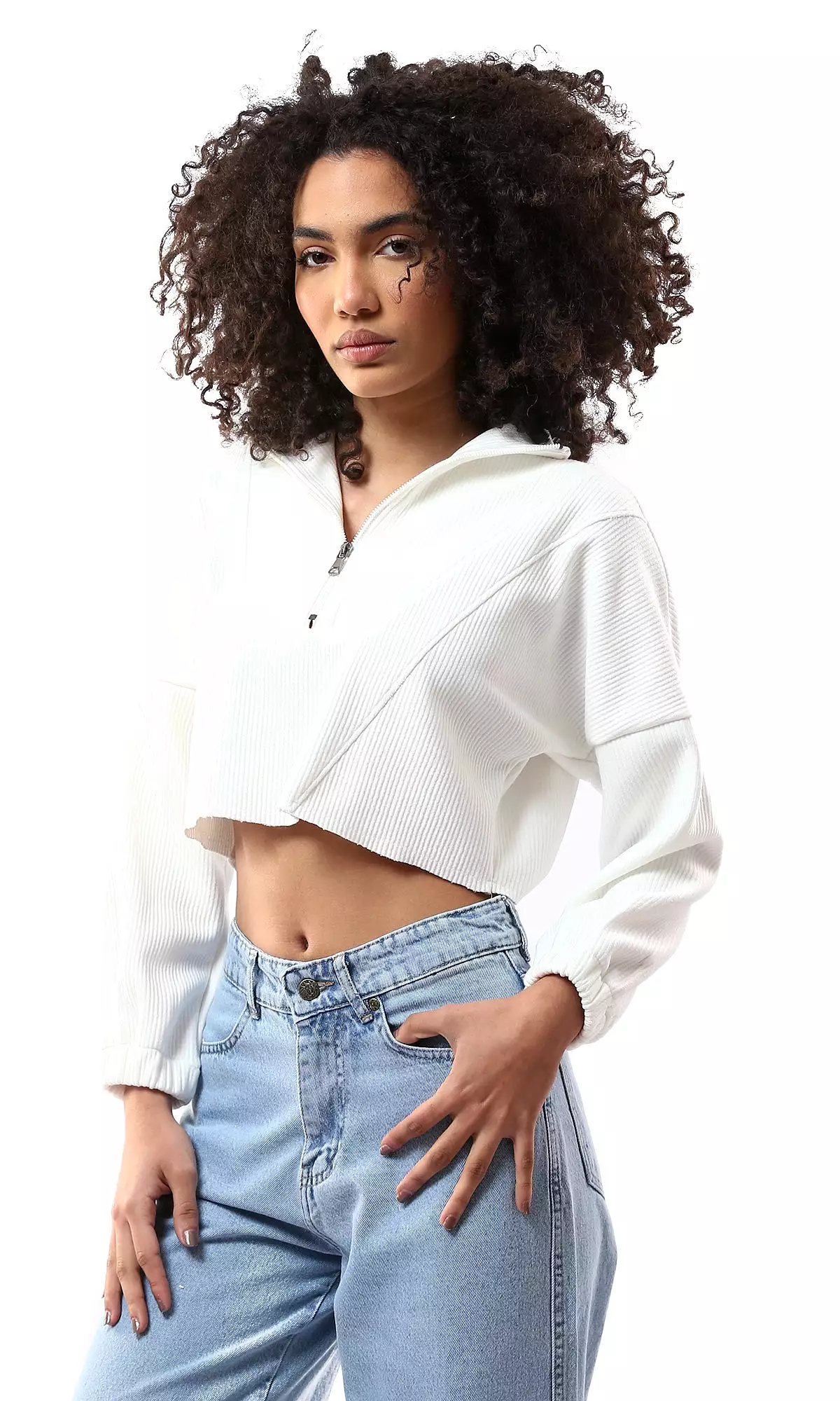 O176602 Long Sleeves Ribbed Off-White Cropped Sweatshirt