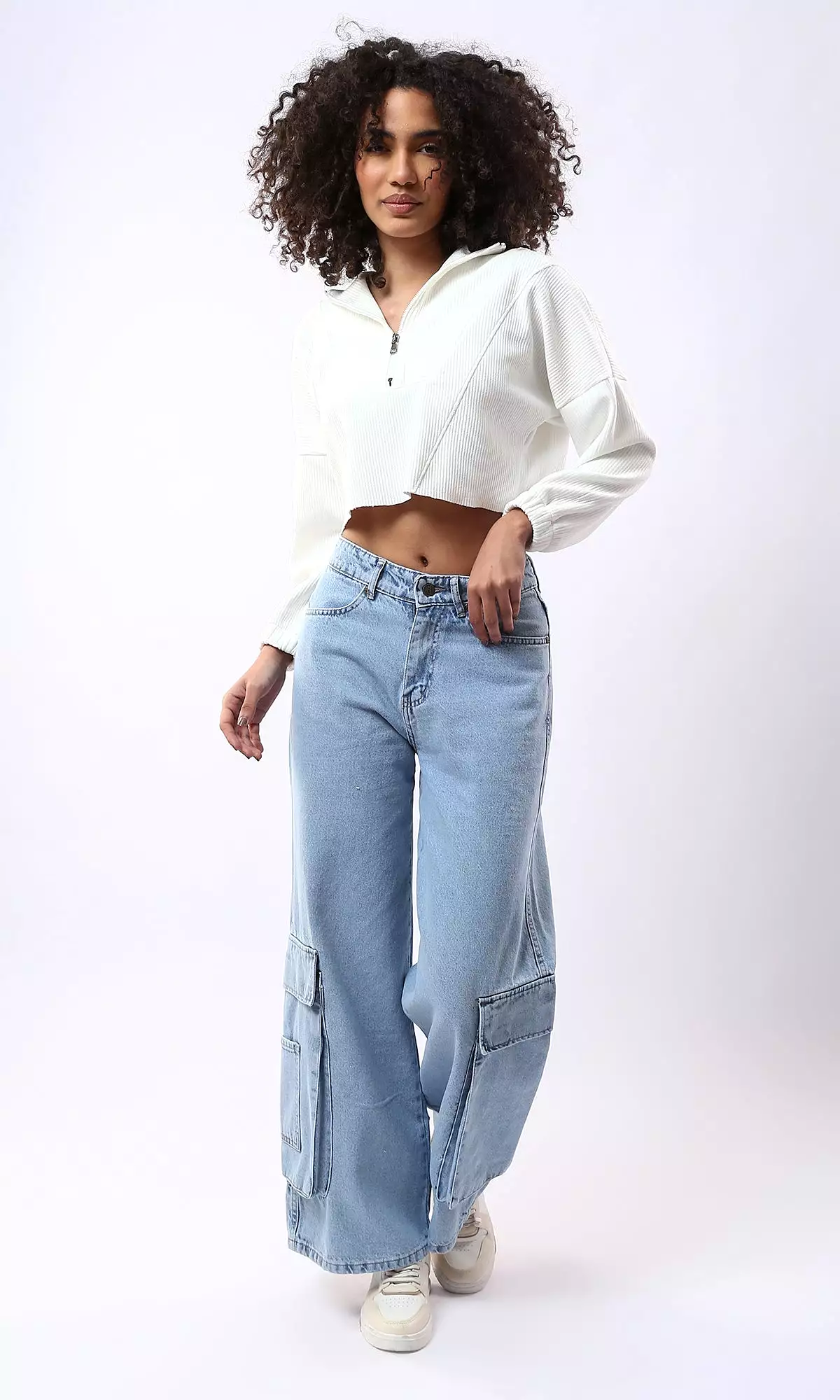 O176602 Long Sleeves Ribbed Off-White Cropped Sweatshirt