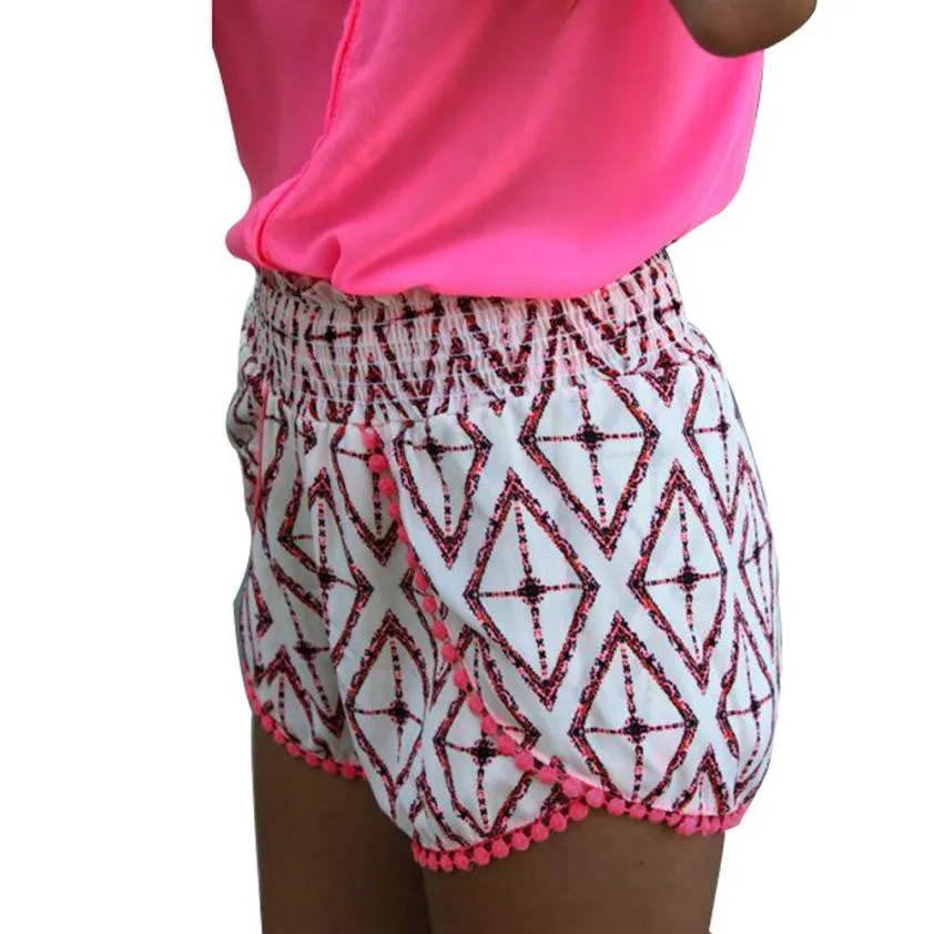 Pink Tassel Vintage Geometric Printing Women Shorts Beach High Waist Pantaloncini#B705 SM6