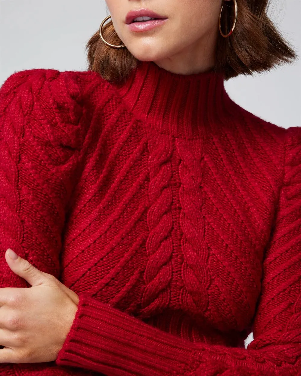 Puff Sleeve Cable Mockneck Sweater