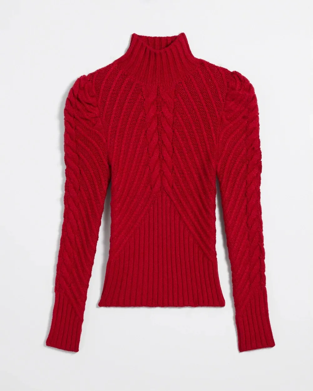 Puff Sleeve Cable Mockneck Sweater