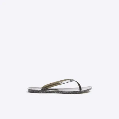 River Island Womens Black Metallic Jelly Flip Flop Sandals