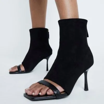 River Island Womens Black Suedette Sock Boot Heeled Sandals