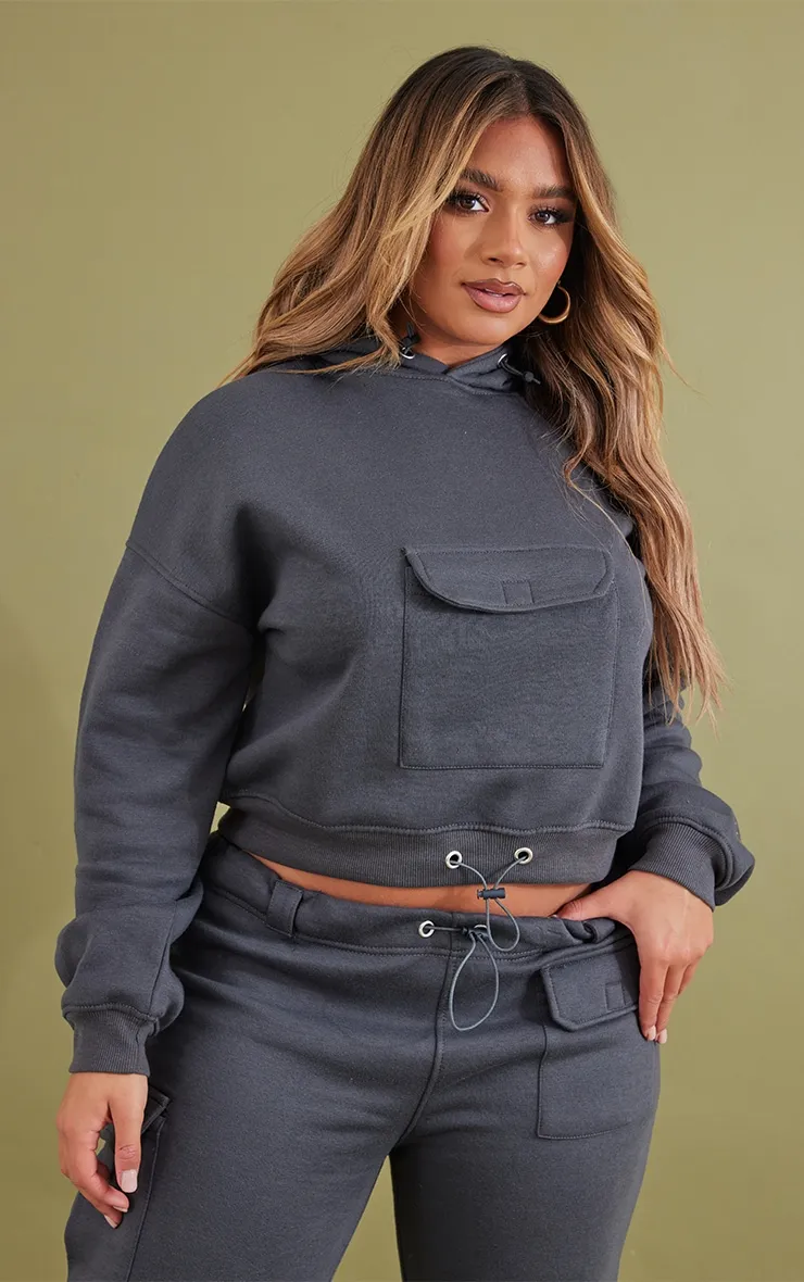 Shape Charcoal Toggle Pocket Detail Cropped Hoodie