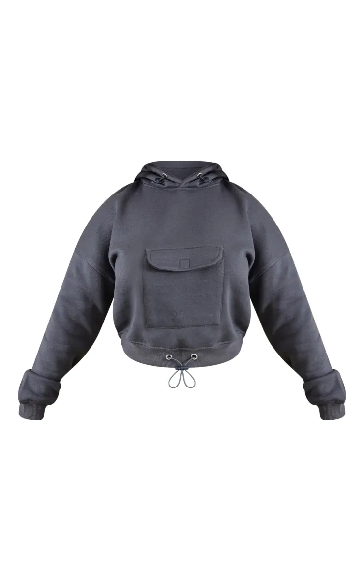 Shape Charcoal Toggle Pocket Detail Cropped Hoodie